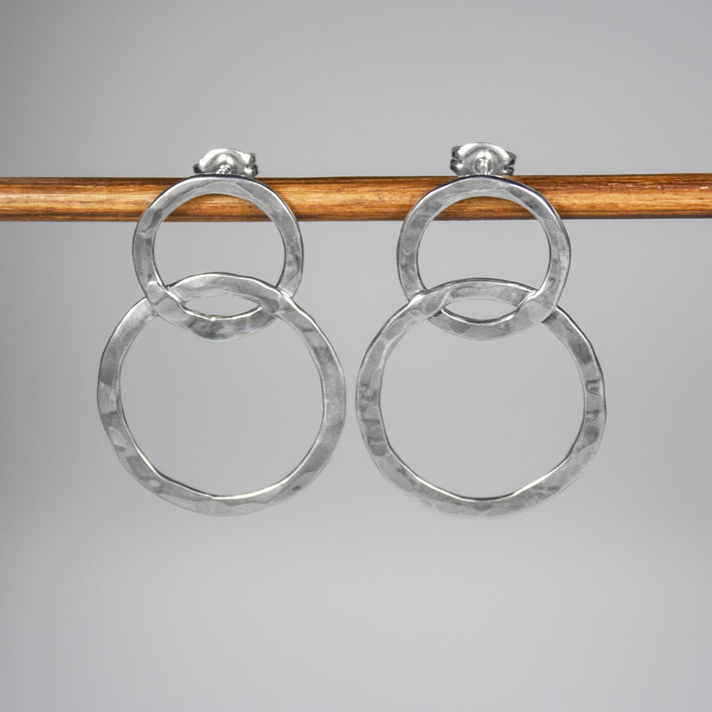 Hammered and Locked Circles Sterling Silver Earrings