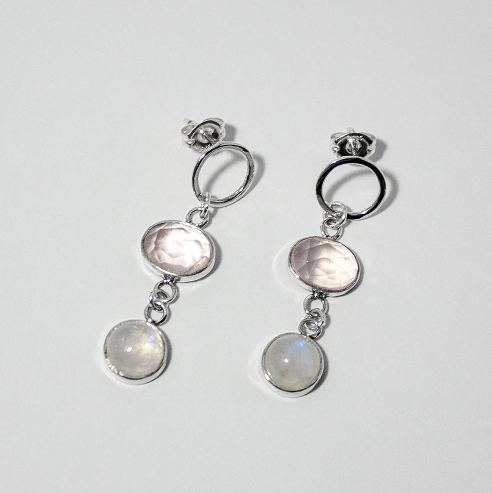 Rose Quartz & Rainbow Moonstone Open Circle Post Sterling Silver