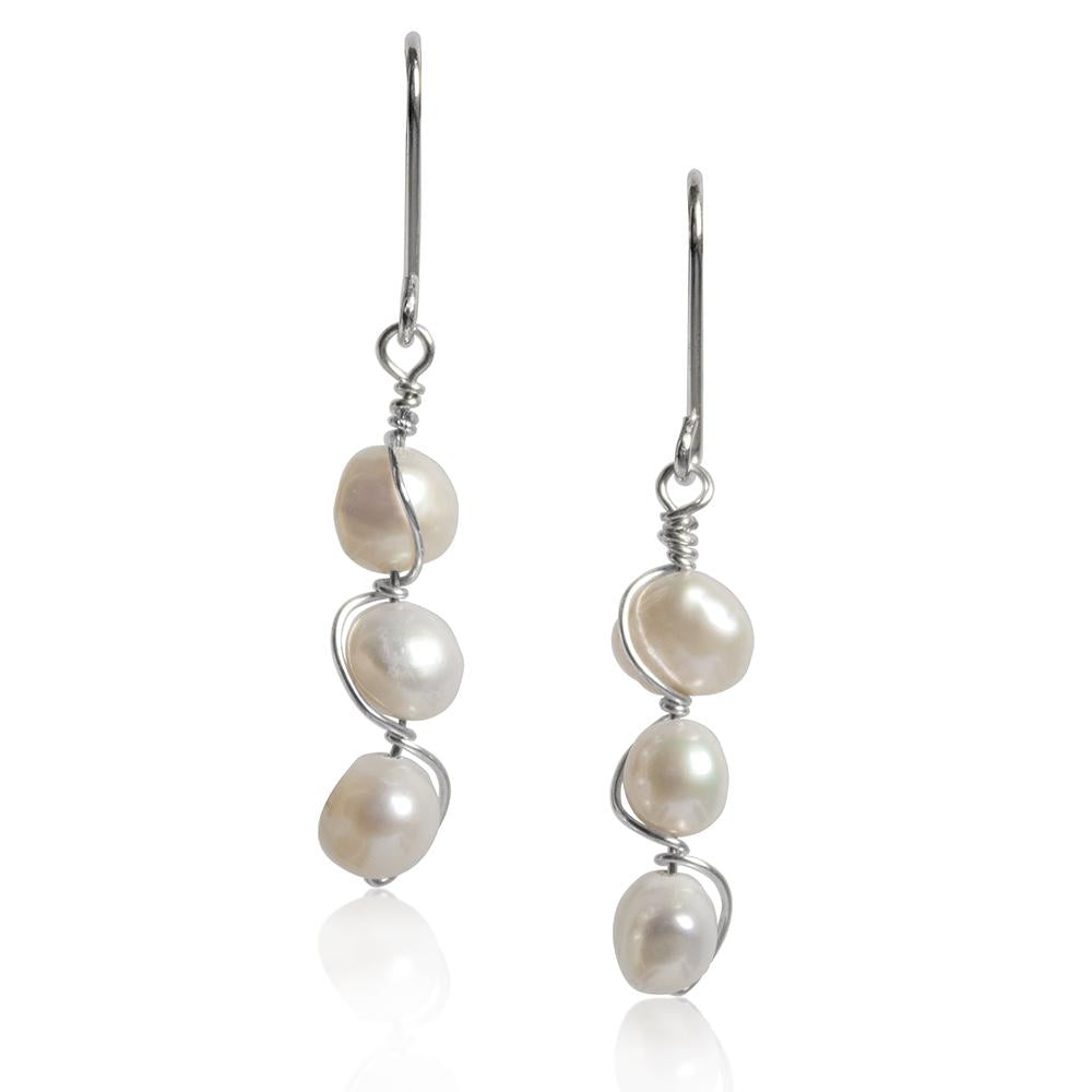 Wire Wrapped Freshwater Pearl Pod Sterling Silver Fishhook Earrings