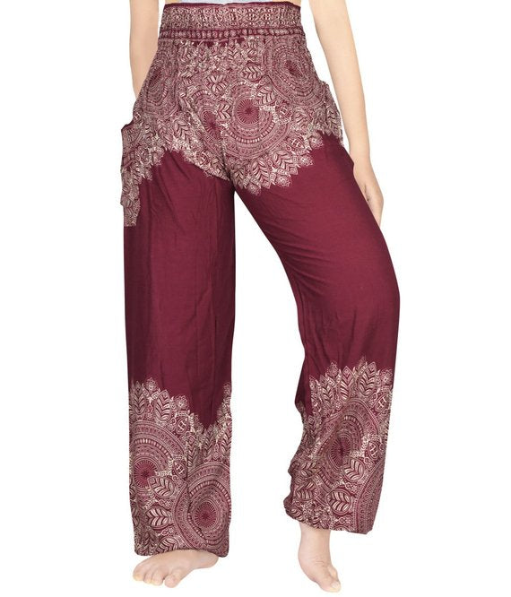 Burgundy Floral Women Boho & Hippie Pants - Pants