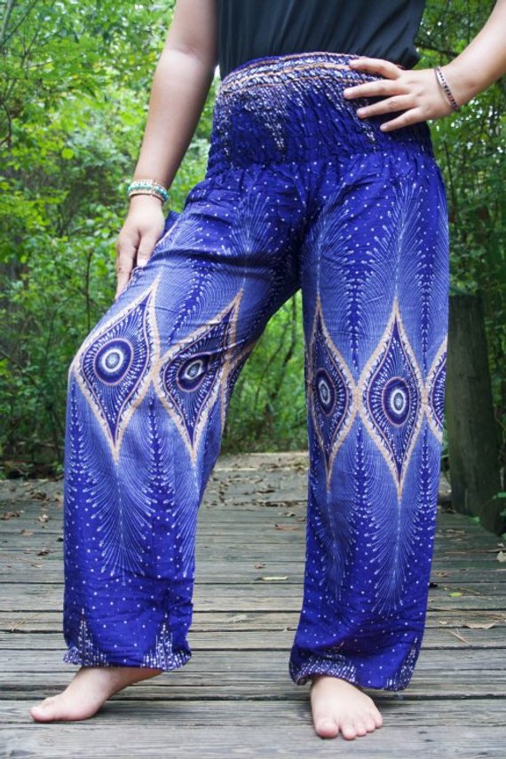 Blue PEACOCK Eye Women Boho & Hippie Harem Pants