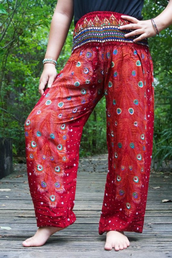 Burgundy PEACOCK Women Boho & Hippie Harem Pants