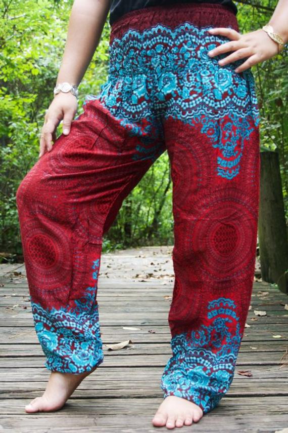 Burgundy FLORAL MANDALA Women Boho & Hippie Harem Pants