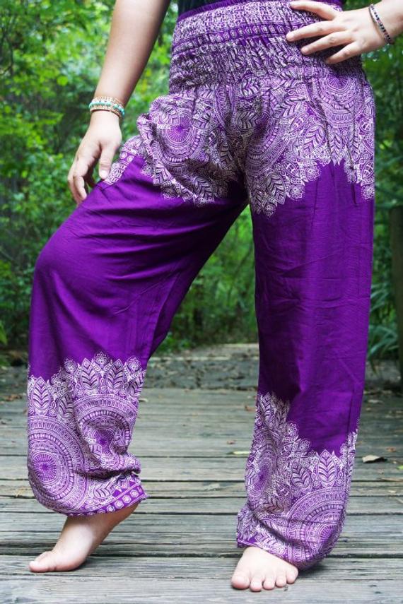 Purple Floral Women Boho & Hippie Pants - Pants