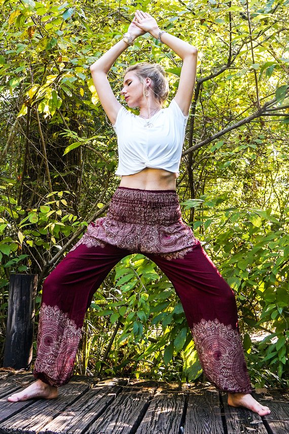 Burgundy Floral Women Boho & Hippie Pants - Pants