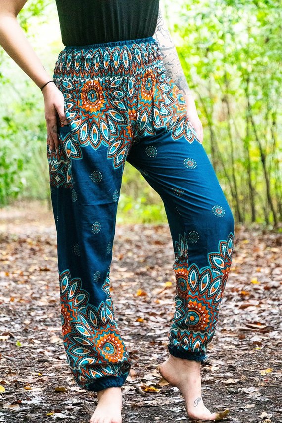 Teal FLORAL MANDALA Women Boho & Hippie Harem Pants