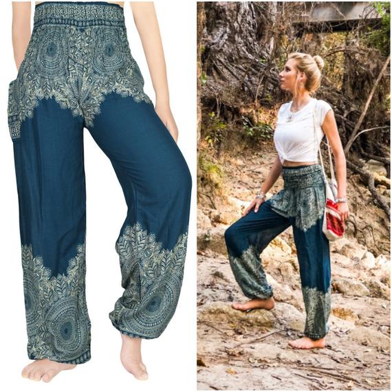 Teal Floral Women Boho & Hippie Pants - Pants