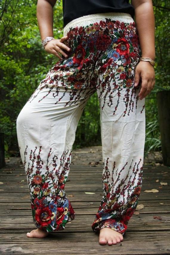 White FLORAL Women Boho & Hippie Harem Pants