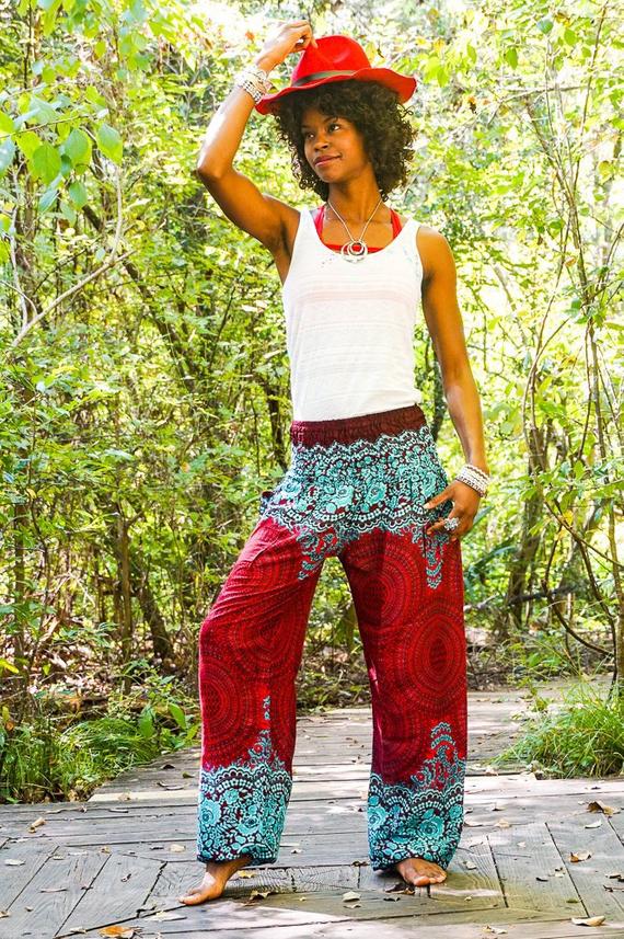 Burgundy FLORAL MANDALA Women Boho & Hippie Harem Pants