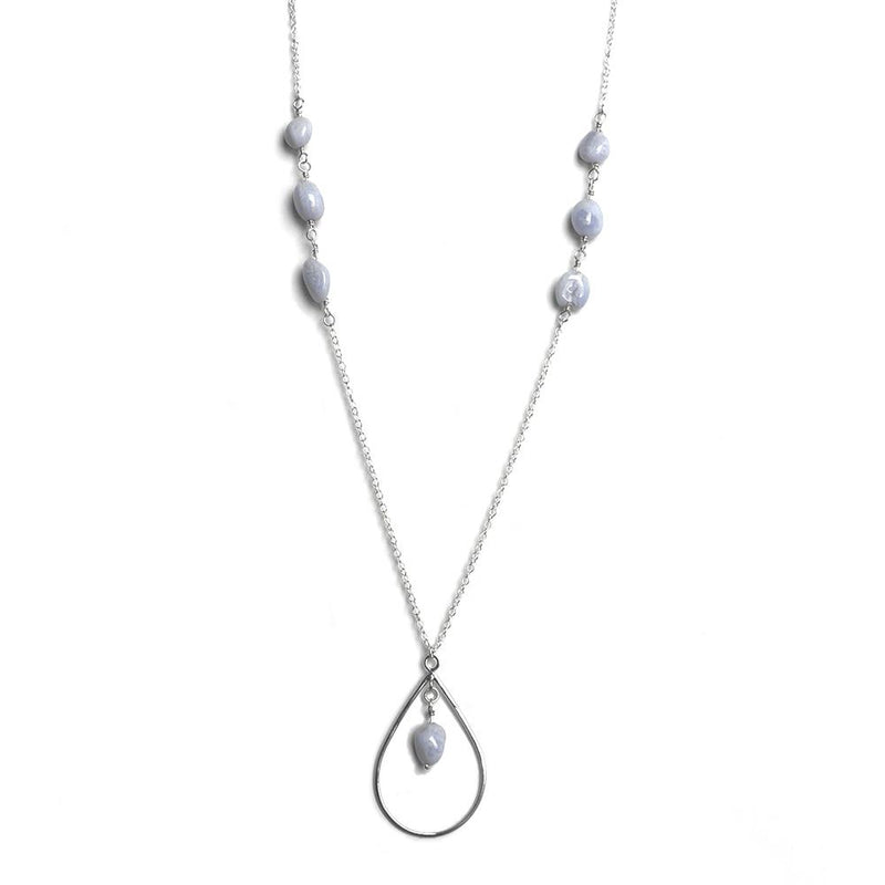 Blue Lace Agate Teardrop Pendant Sterling Silver Necklace