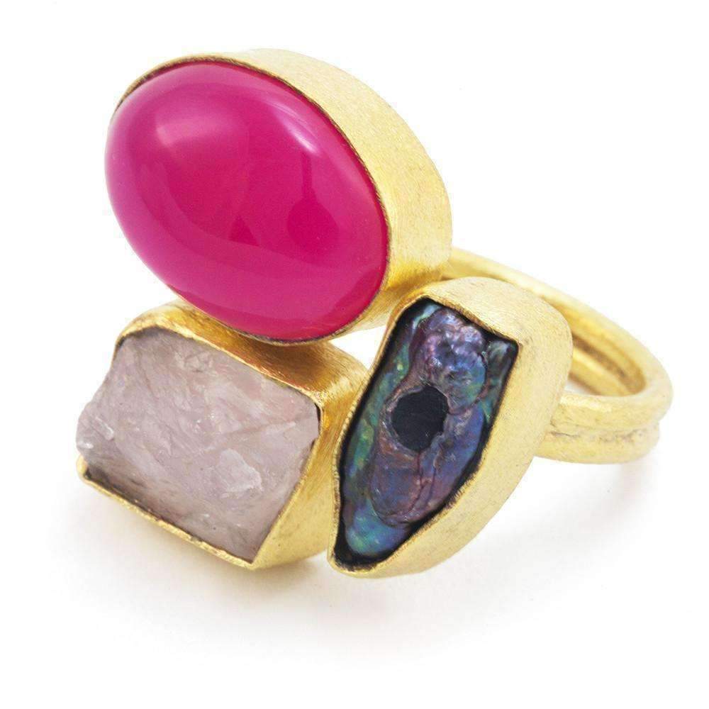 Tara Pearl + Rose Quartz + Pink Banded Onyx Ring